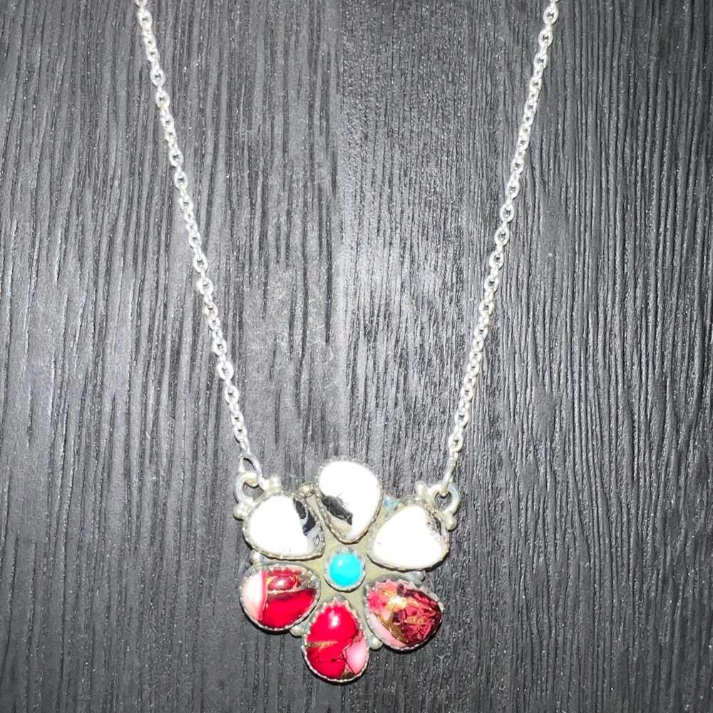 18” White Buffalo/Turquoise/Rose Dahlia Cluster Sterling Silver Necklace